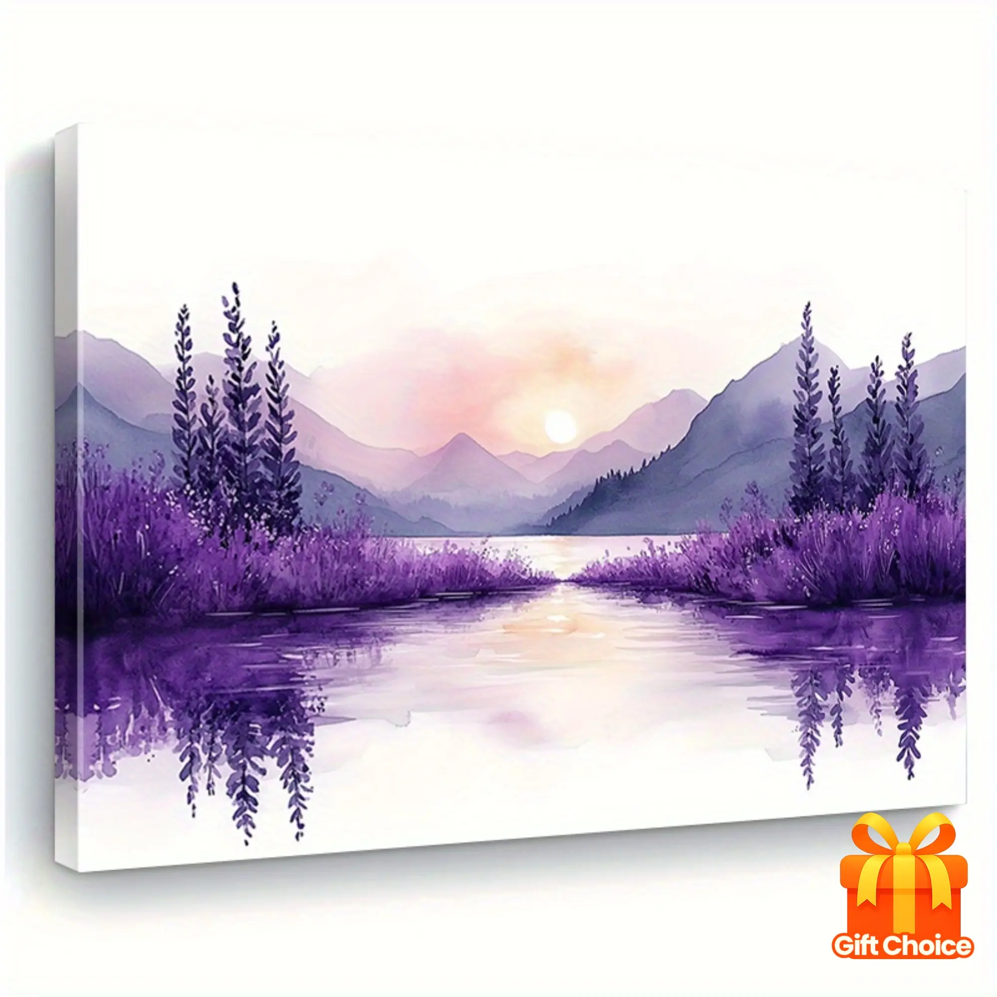 Ink-Style Lavender Sunset Landscape Framed Canvas Art - Horizontal Gallery-Wrapped Print, Multiple Sizes, Ready to Hang, Contemporary Nature Art, Colorful Fashion Theme Home Inspo, Living Room Decor, Contemporary Art, Colorful Style