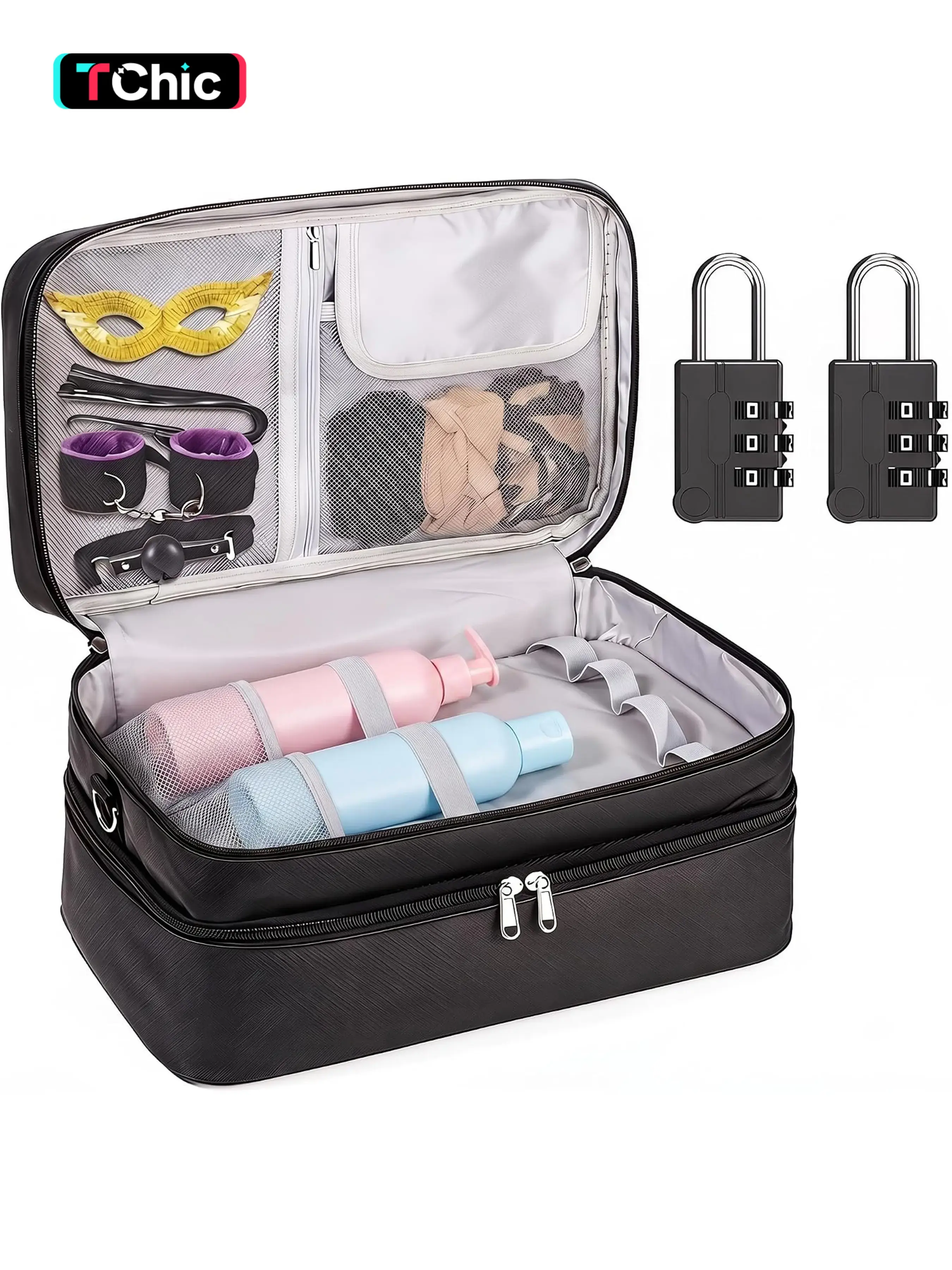 2 Layer Lockable Discreet Storage Bag with Dual Locks | Premium PU Leather, Flexible Divider Panels, Multi-Purpose Compartment Design, Portable Travel Storage Organizer Case