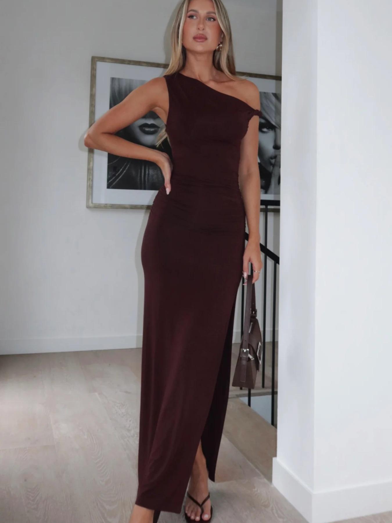 Spring Summer New One Shoulder High Slit Evening Dress, Formal Wear, Slim Fit A-Line Floor-Length Gown, Elegant Party Wedding Dress