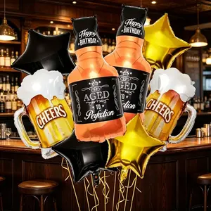 10-Piece Whiskey Beer Cup Festival Decoration Balloons Set, Large Draft Mug, Whiskey Bottle Shape, Gold Star, Party Decorations