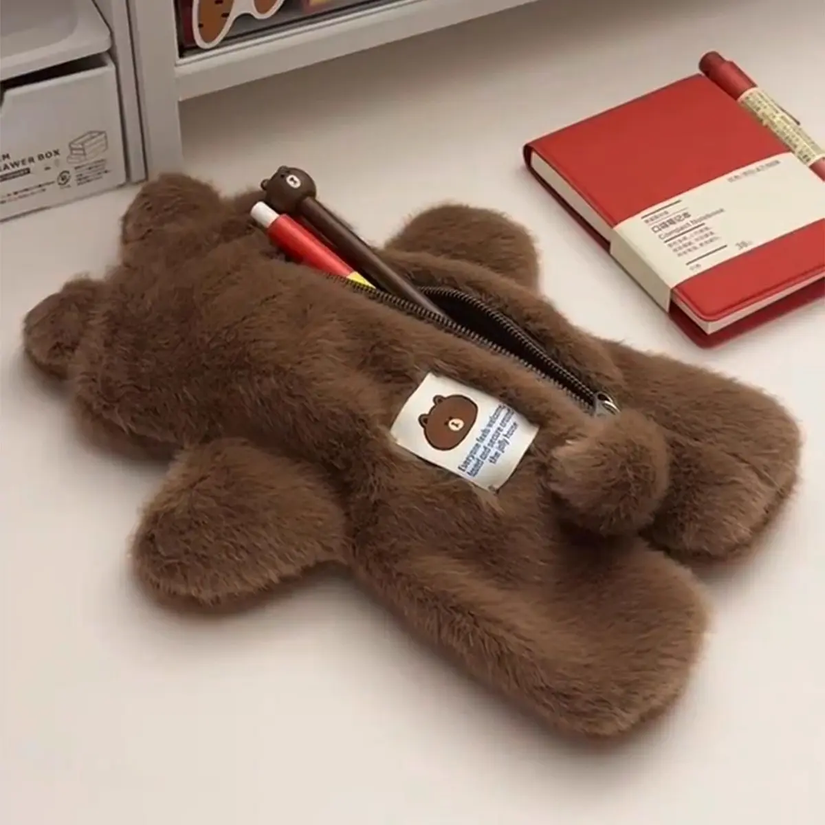 Cute Animal Themed Brown Bear Plush Pencil Case - Unisex Kids Fuzzy Fabric Zippered Storage Pouch for Home Organizing, Pencil Pouch
