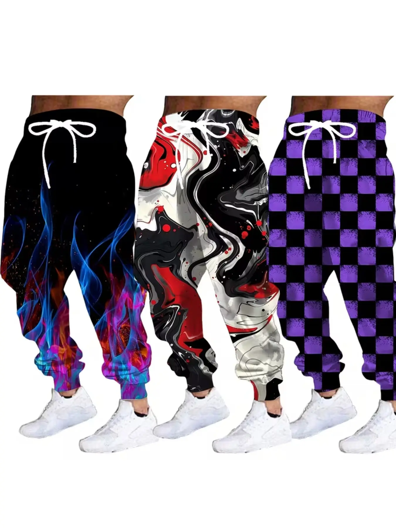 Men's 3D Flame Grid Abstract Graffiti Print Sweatpants, Drawstring Waist, Pockets, Casual Long Pants, Street Fashion, All Seasons