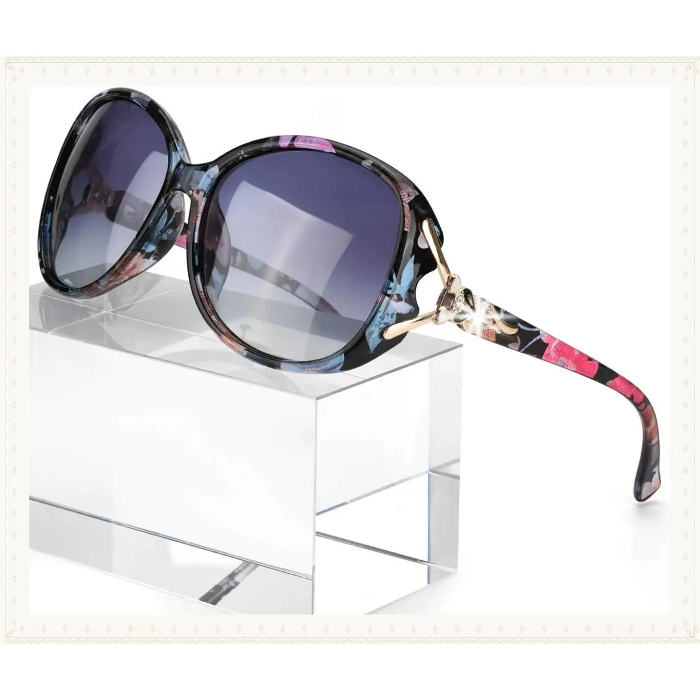Polarized Sunglasses for Women Oversized Ladies Sun Glasses UV400 | Goldern Cat Pattern Design with Silver Rhinestone Jackie O Style Shades Outdoor,Driving,Travel Beach EssentialsGift