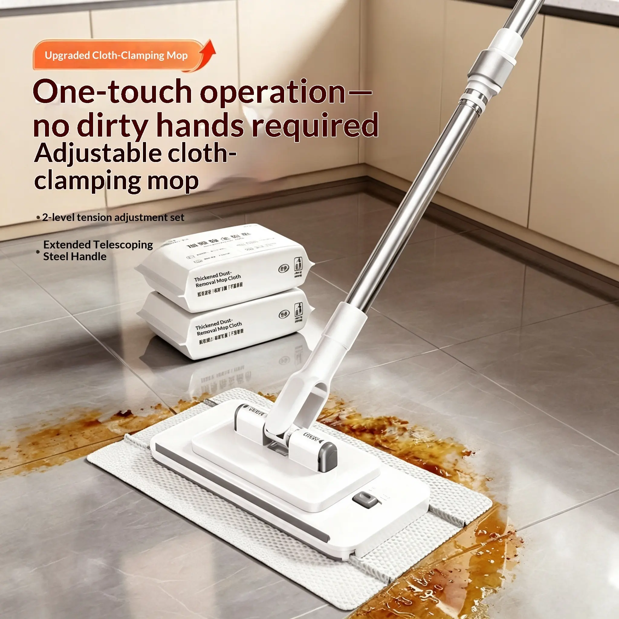 Upgraded Clip Flat Mop, Hands-Free Zero-Contact Cleaning Mop. One-click clamp & release, compatible with facial towels, rags, old clothes and kitchen paper. Adjustable extendable pole, wet & dry use. Cleans countertops, stoves, glass, vents, gaps