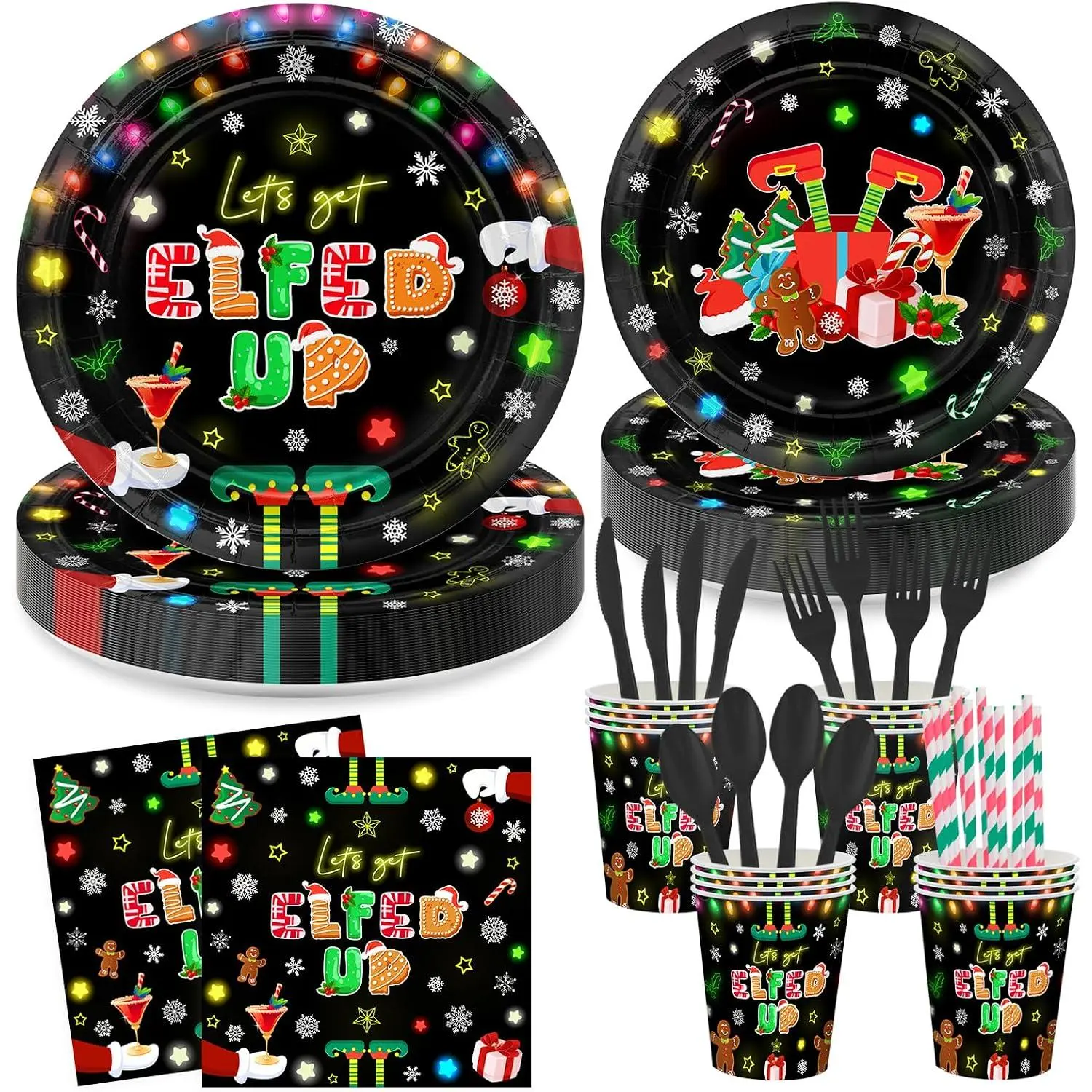 192 count Christmas Paper Plates and Napkins Let's Get Elfed Up Decorations | Christmas Disposable Tableware for 24 Guests