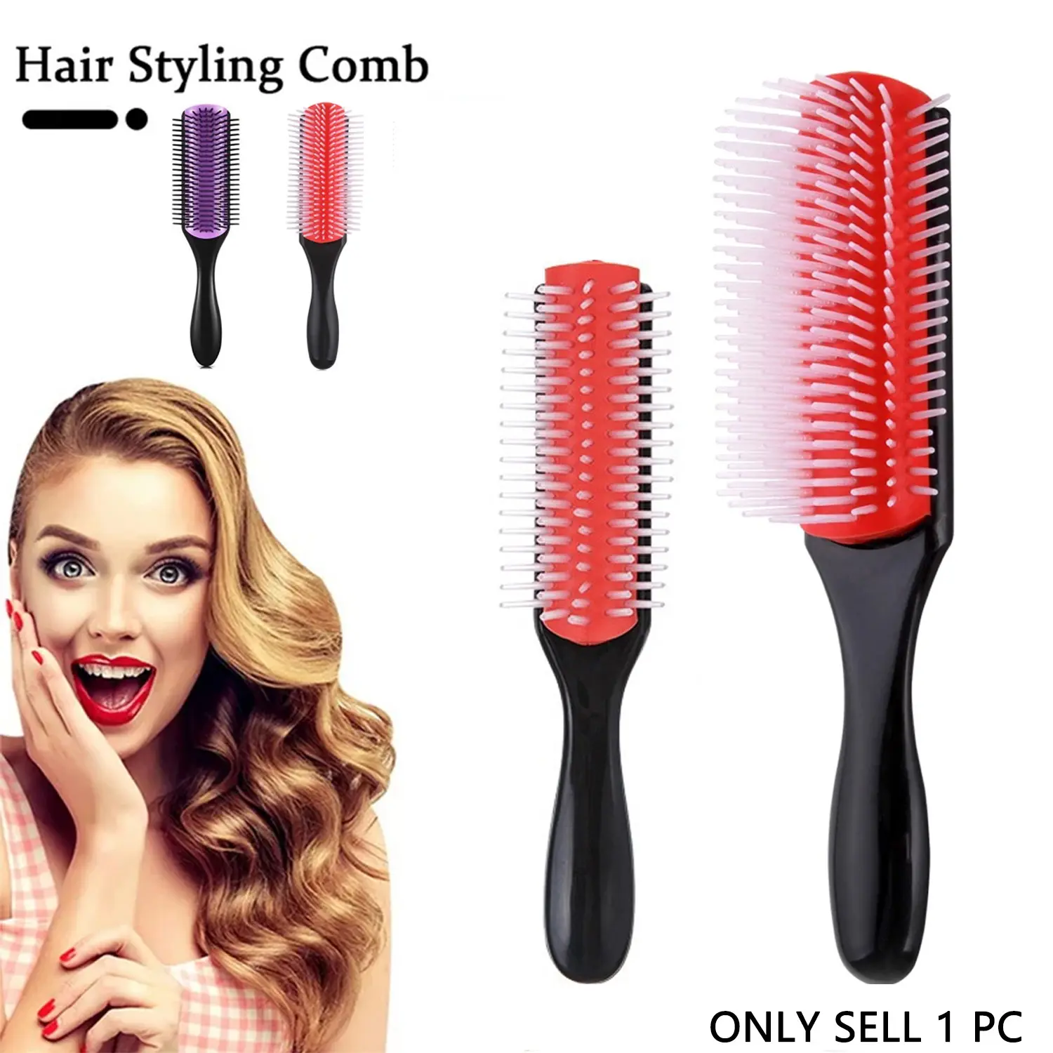 1pc Hair Brush for Women Men Curly Wet or Dry Hair Classic Detangling Brushes 9 Row 5 Row for Natural Thick Hair, Blow Styling Separating, Shaping Defining Curls Tools Travel Hairbrush