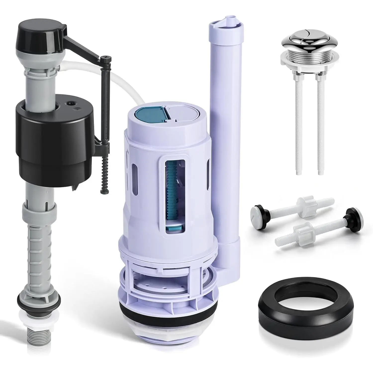 Universal 3-Inch Dual Flush Valve Replacement Kit for 2-Piece Toilets, Push Button Toilet Repair Kit with Fill Valve, Gasket, Bolts, Compatible with Glacier Bay, Kohler, American Standard, Toto, Universal Fit