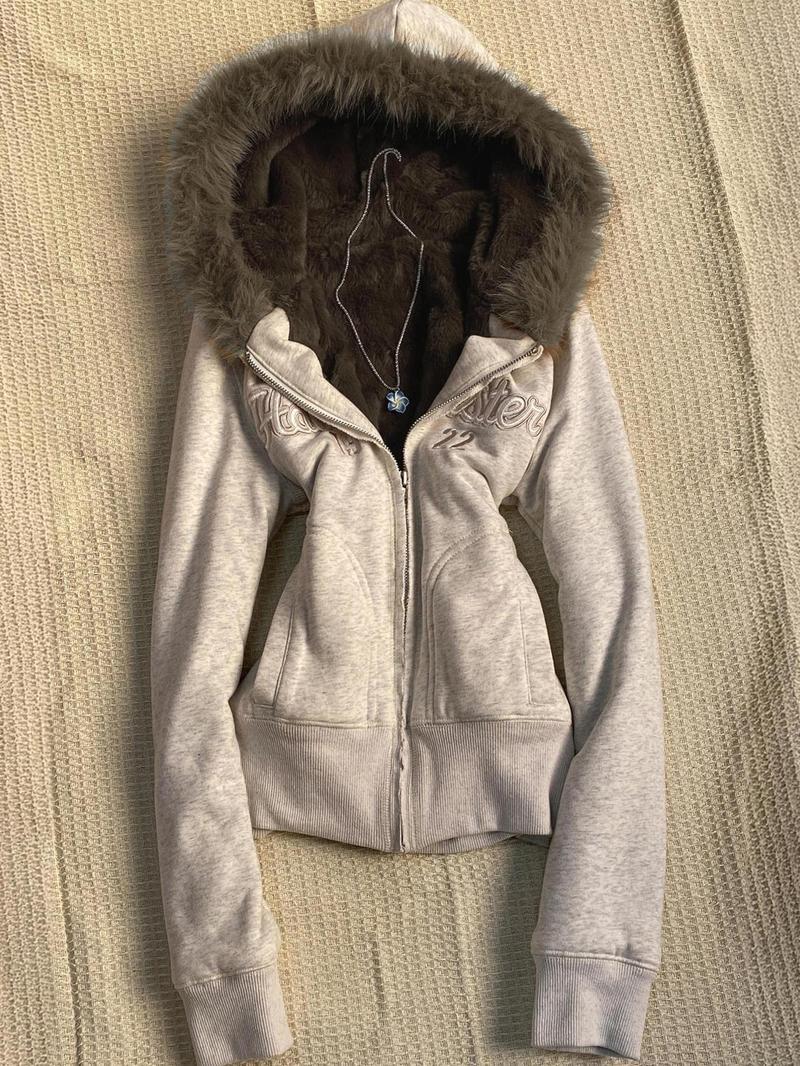 Y2k Aesthetic Vintage Fur Patchwork Hoodies Autumn Grunge Letter Embroidery Hoody Streetwear Cropped Zipper Sweatshirt Jackets