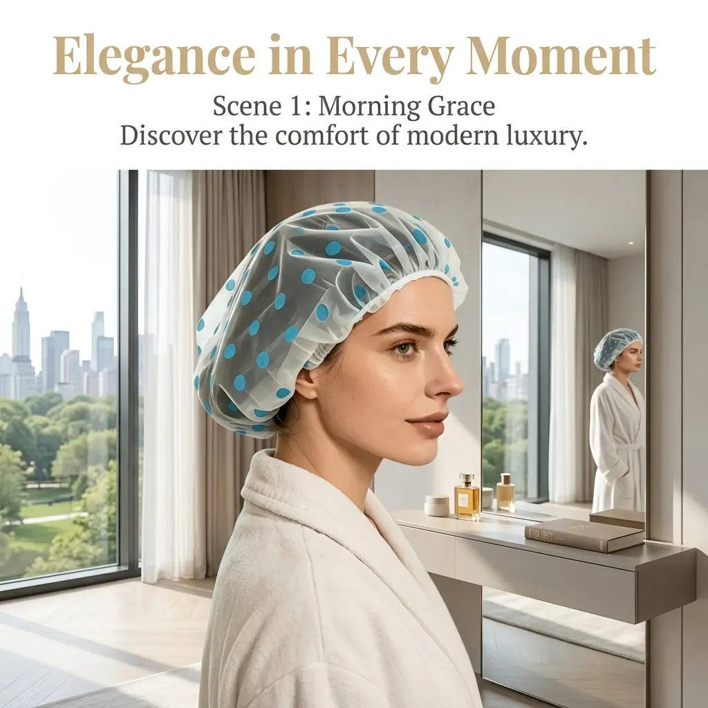 4 Pack Reusable Printed Shower Caps Thickened PE Waterproof Hair Covers with Adjustable Elastic Band for Showering Makeup Hotel Spa