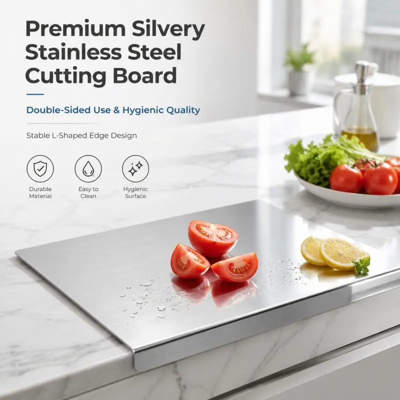 Stainless steel folded-edge cutting board with a stable L-shaped edge design, large surface for chopping, easy to clean, double-sided use, perfect for kneading dough and cutting veggies, an all-in-one kitchen helper, Durable cutting boards