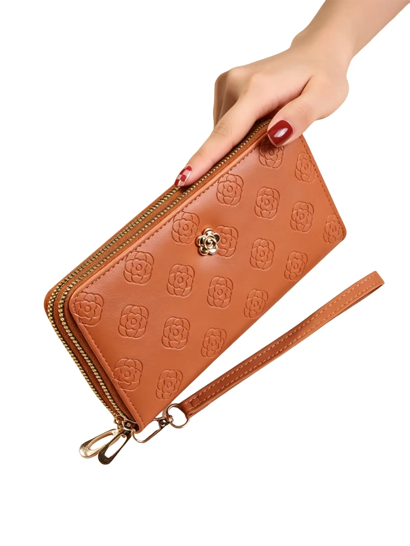 French Chic PU Leather Envelope Clutch, Casual Single Zipper Wrist Bag, Durable Card Wallet, Portable Coin Purse, Floral Pattern Handbag