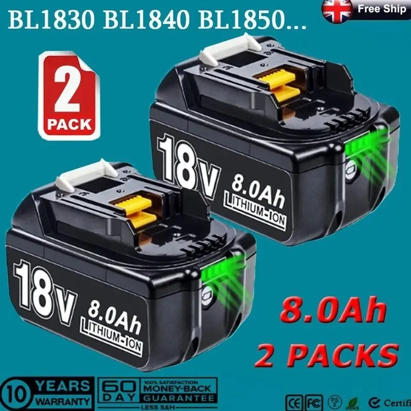 High quality  2Pack For Makita 18V Battery 8.0AH Li-Ion BL1830 BL1850 BL1840 BL1860B LXT Tools