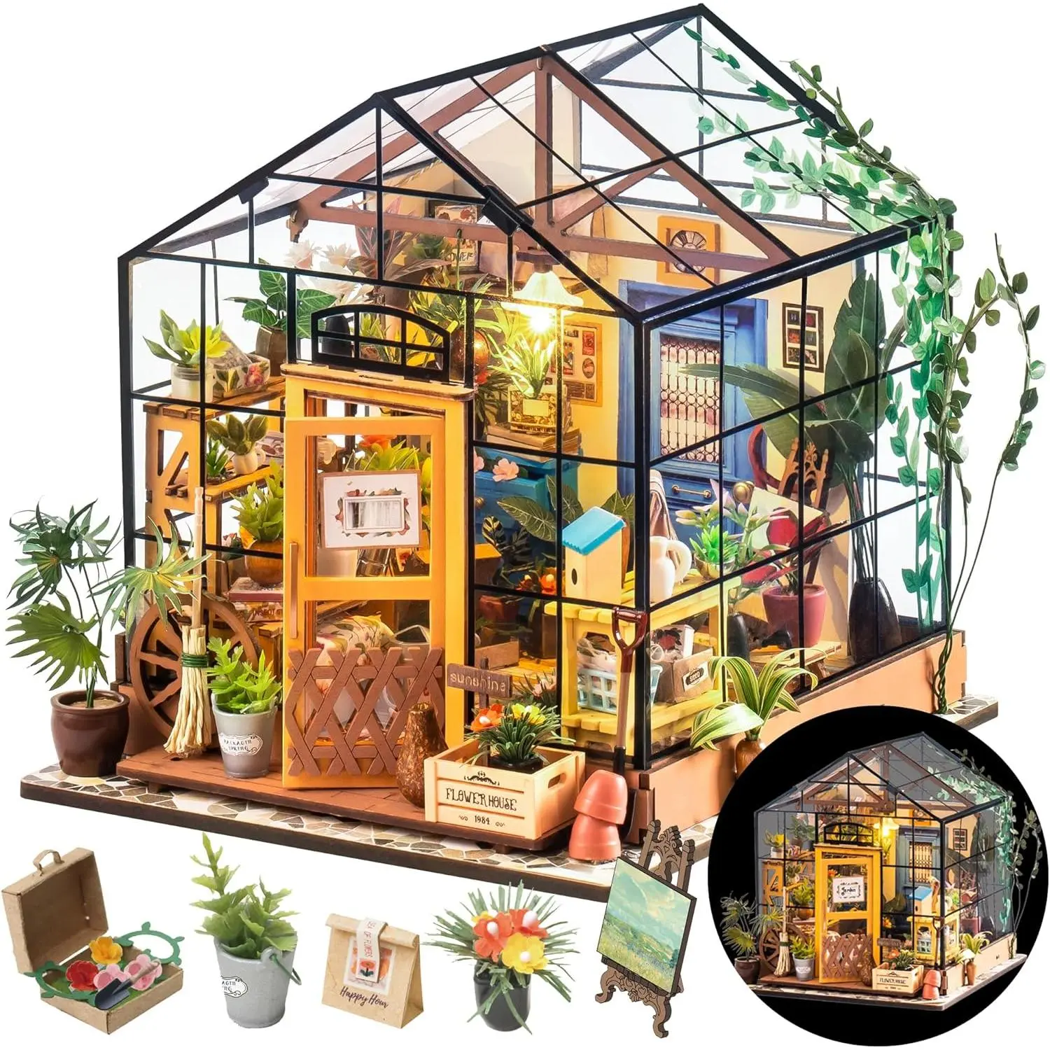 Miniature DIY House Kit Set for Adults, Cathy's Greenhouse Wooden Model with Furniture, Halloween & Christmas Decoration, Gift for Family and Friends, Gifts Family And Friends, House Decoration, Miniature Greenhouse Kit, Tiny/Mini, Model Kit
