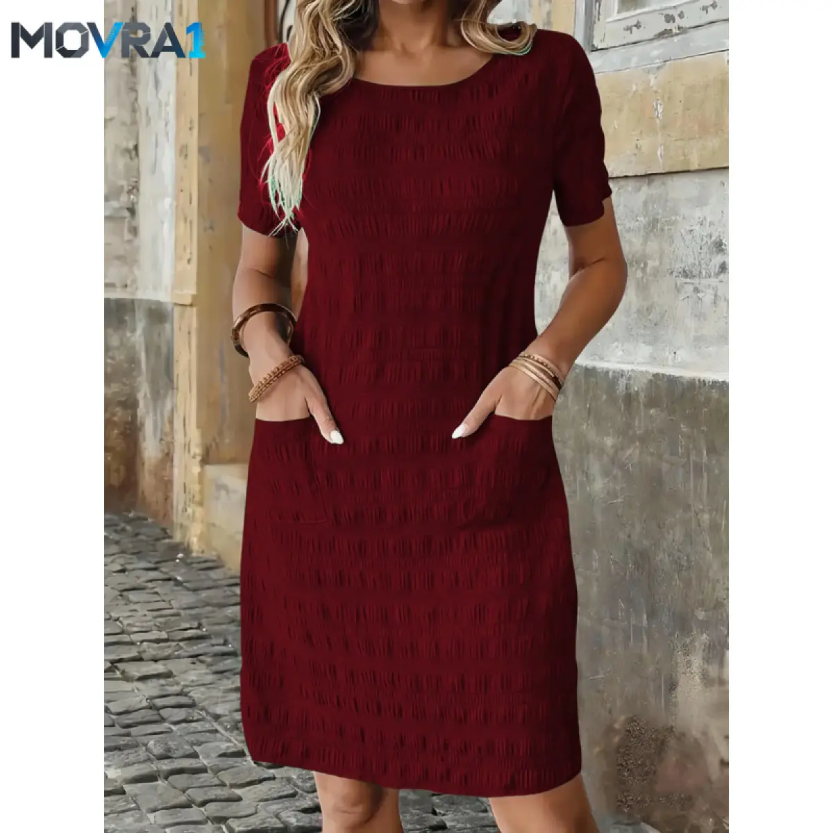 MOVRA1 Elegant Women's Plain Dress, Minimalist Womenswear, Round Neck Short Sleeve Design, Comfortable, Casual Comfy Fit, Stylish & Fit Daily Wear, Perfect Casual Occasions, Casual Classy Dress, Casual Chic Dress