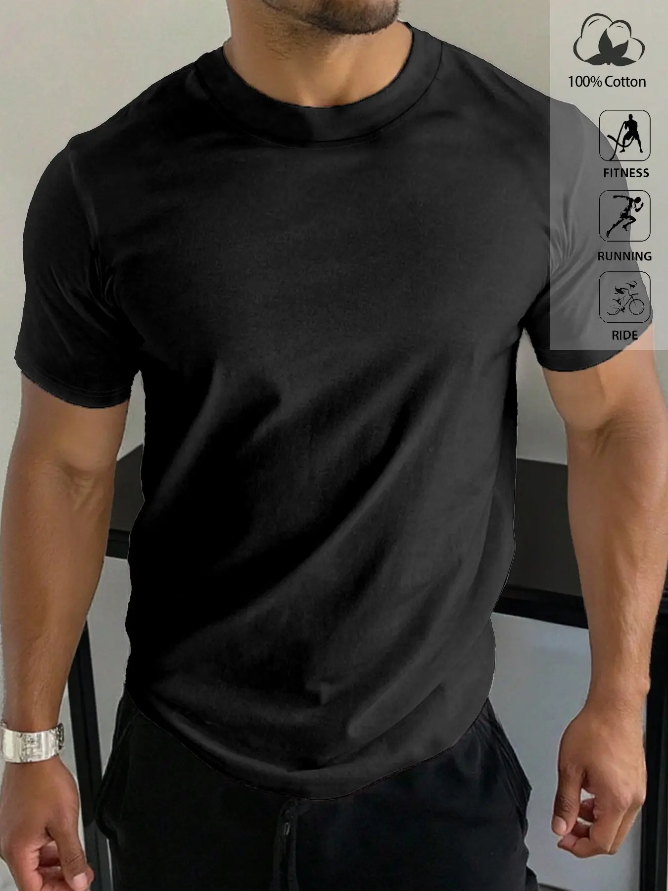 Men's Fitted Muscle-Defining Crew Neck Short Sleeve T-Shirt, 100% Cotton Sports Tops, Breathable, Ideal for Gym, Running, Cycling, Casual Wear, Fitness Shirts