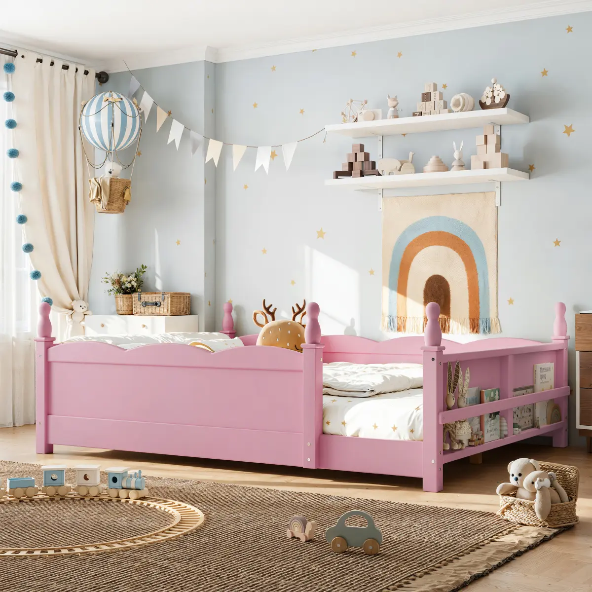 Contemporary Eco-Friendly Full Size Floor Bed with Full-Length Guardrails,  Side Book Shelf, Pine-Plywood Construction, Pink