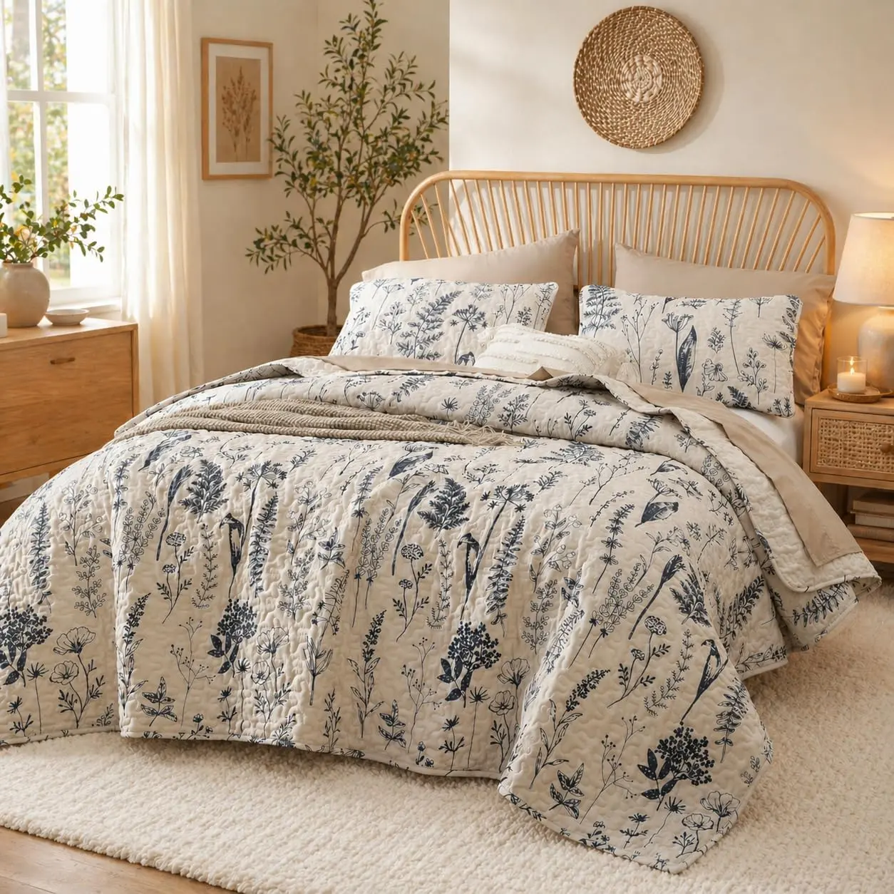 King Size, Beige King Bedspread Floral Bedding Set 3 Pcs| Boho Microfiber Set Lightweight Comforter 1(96"x106") and 2 Pillowcases Reversible Coverlet for All Season