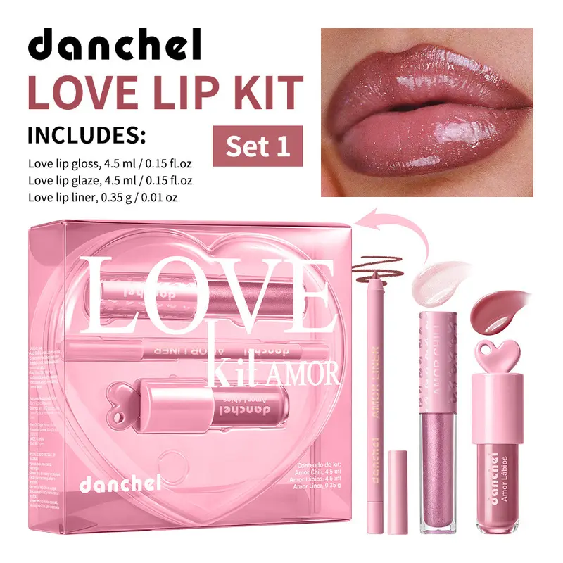 danchel Heart-shaped 3-in-1 Lip Makeup Kit, Waterproof Lip Liner + Glossy Lip Tint + Shiny Plumping Lip Gloss, Hyaluronic Acid Nourish Lips, 3 Shades For All Skin Tones Gift Lip Set