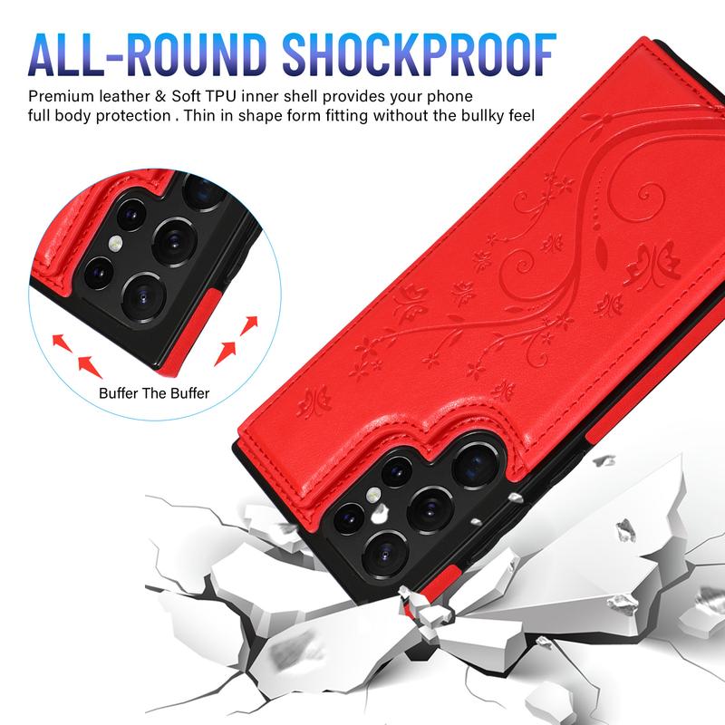 HISTORYOO For Samsung S25 Ultra S24 Plus S23 FE S22 Case Soft PU Leather Retro Embossed Butterfly Flower Shockproof Wallet Double Magnetic Clasp Protective Flip Fold Stand with 3 Card Slots Pocket Women Soft Folio Cover For Mom