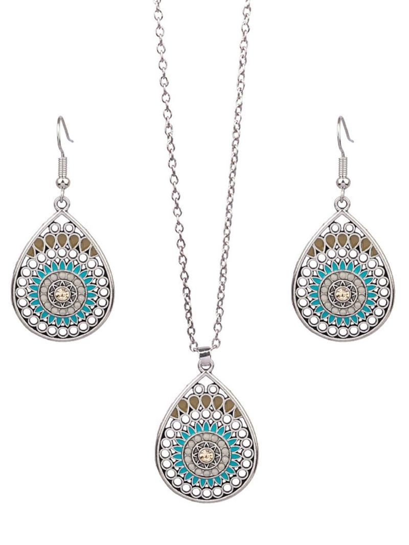 2pcs/set Boho Style Water Drop Shaped Pendant Necklace and Dangle Earrings, Vintage Style Ethnic Pattern Design Dangle Earrings, Fashionable Jewelry Set, Fashion Zinc Alloy Jewelry Set for Women and Girls, Jewellery Gift Set