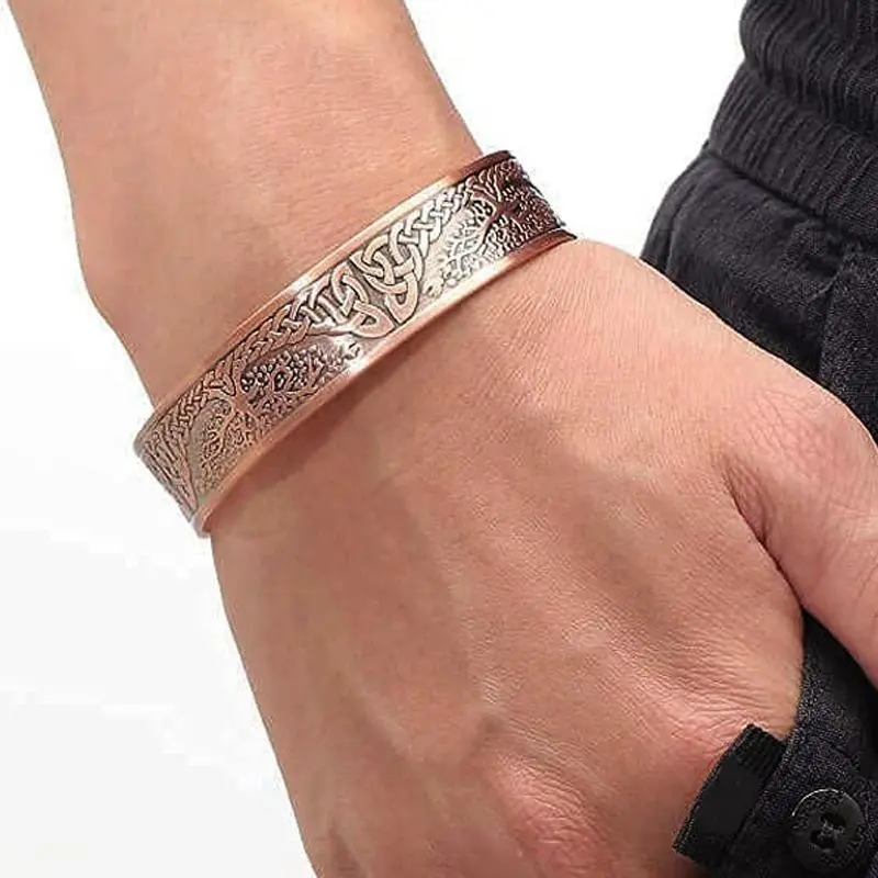 Antique Red Copper Finish Magnetic Energy Tree of Life Open Bangle, Adjustable Unisex Cuff Bracelet, Vintage Wrist Jewelry for Birthday & Daily Use (Bag Charm Accessory), Inspirational, Fine Craftsmanship, Magnetic Stones, Fashion, Retro, Vintage Streetwe