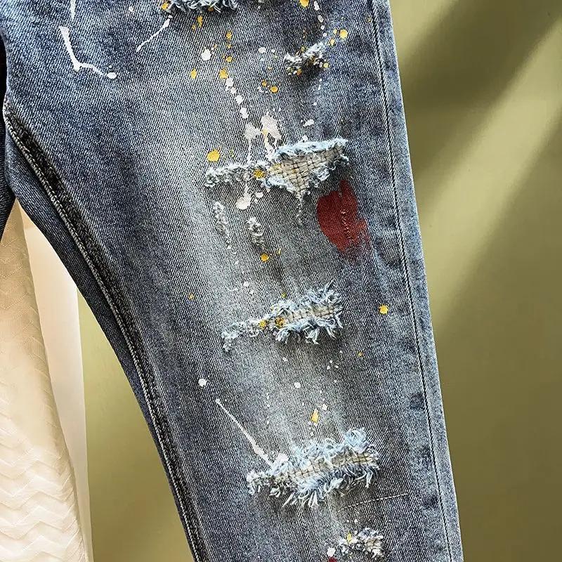 Men's Faionable Ripped Denim Jeans Elastic Slim Fit Casual Nine-Piece Pants Low Waist Zipper Closure Busin Casual Sle