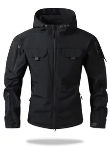 Men's Slim Fit Tactical Hooded Jacket, Winter Outerwear with Large Pockets, Warm and Comfortable Street Style Solid Color Coat