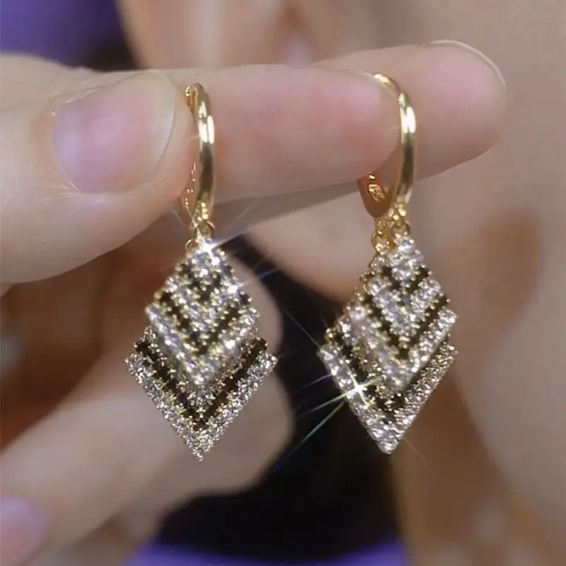 Black White Diamond Shape Long Earrings Full Sparkle Crystals Slim Face Design