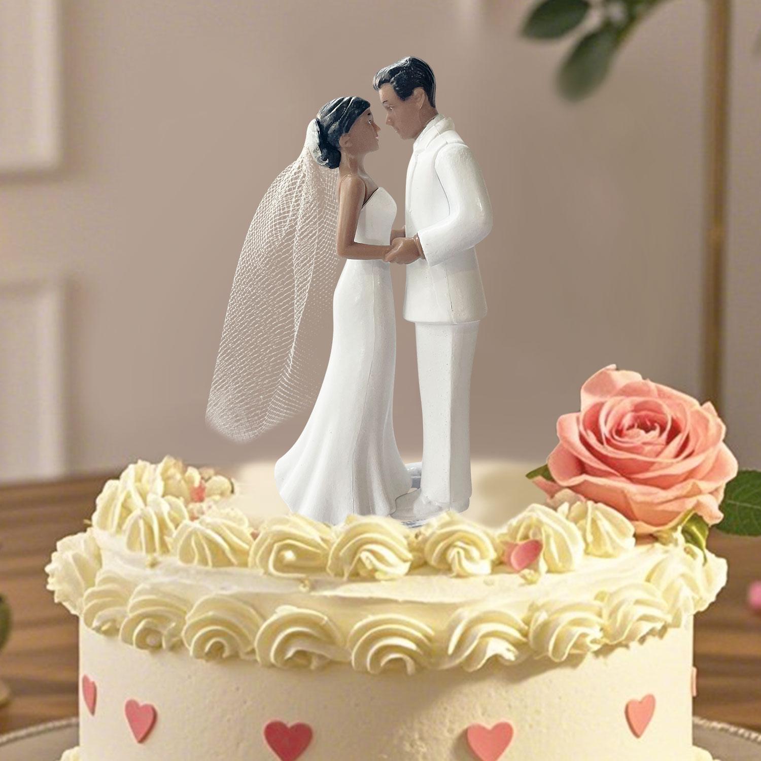 Elegant Bride & Groom Wedding Cake Topper with Veil 4.3" - Anniversary, Bridal Shower, Engagement Party Decoration