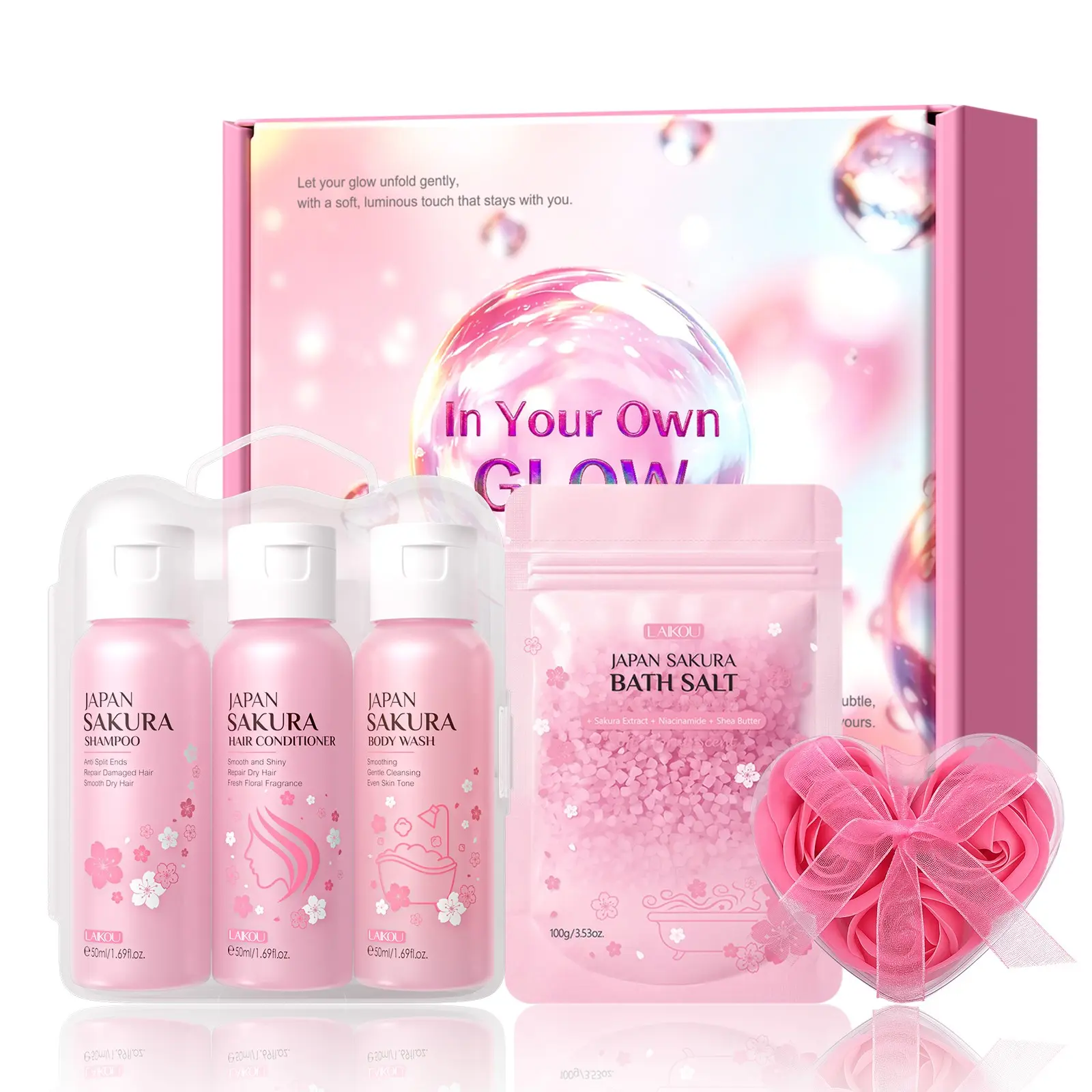 Japan Sakura Bath & Body Gift Set | 4-Piece Spa Kit with Shampoo, Conditioner, Body Wash & Relaxing Bath Salt | Nourishing Self Care Gift for Women | Mini Size for Travel Gym