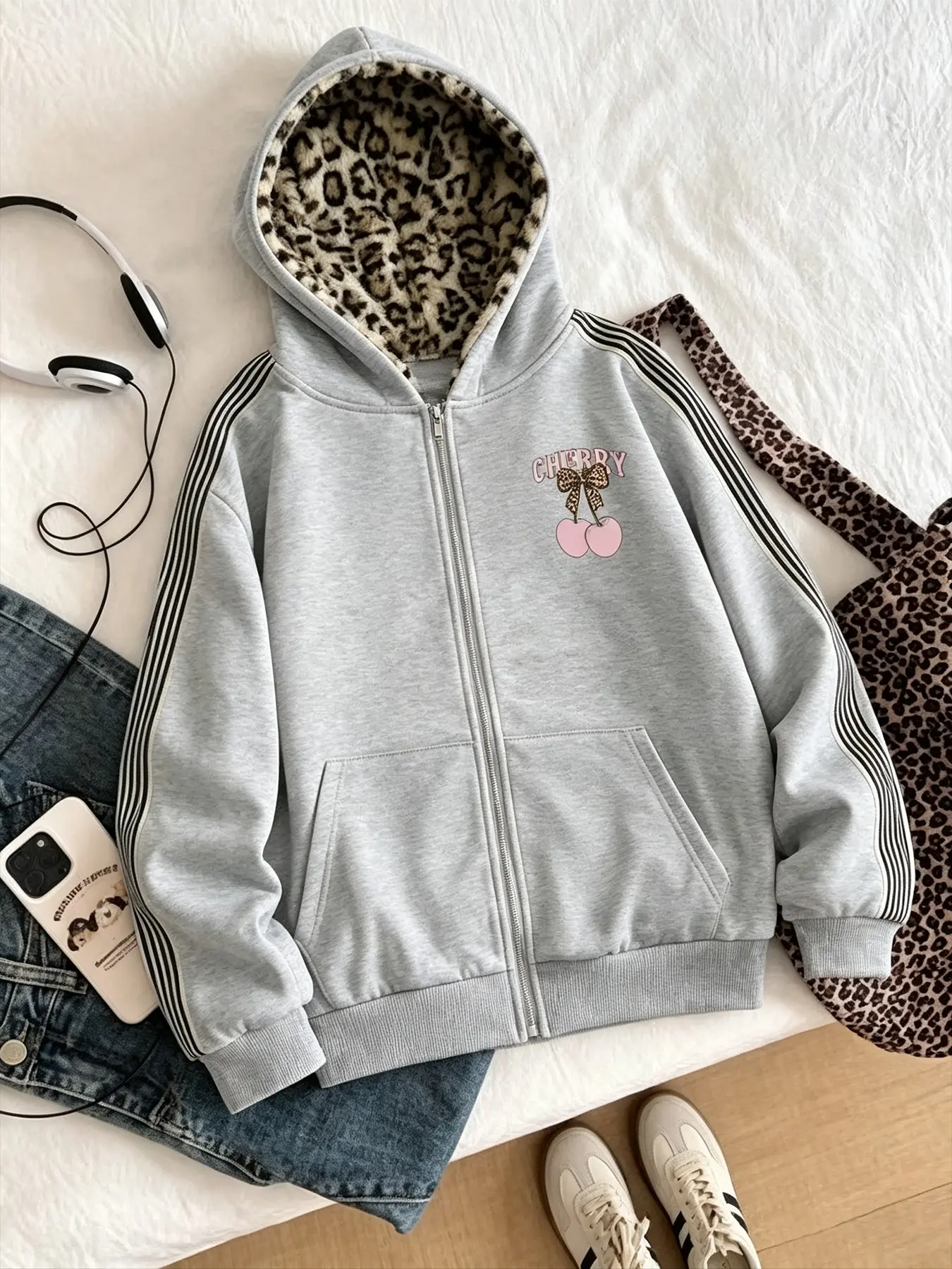 Women's Cherry Print Zipper Hooded Jacket, Leopard Pattern Lined Fleece Loose Fit Casual Sweatshirt, Fall & Winter Outerwear