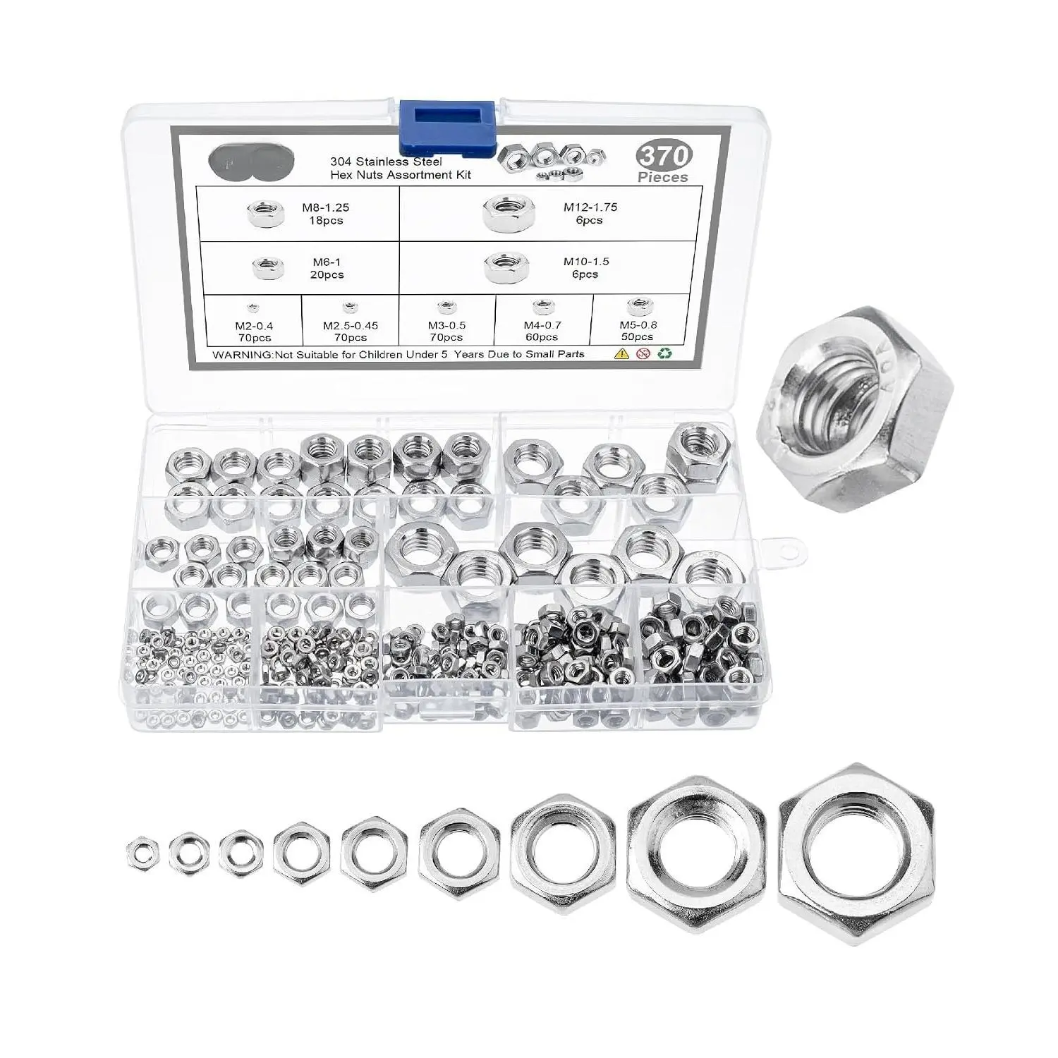 - Metric Hex Nuts  Kit, 370 count, Stainless Steel | Metric Nut  9 Sizes (M2 M3 M4 M5 M6 M8 M10 M12), Hardware Nuts