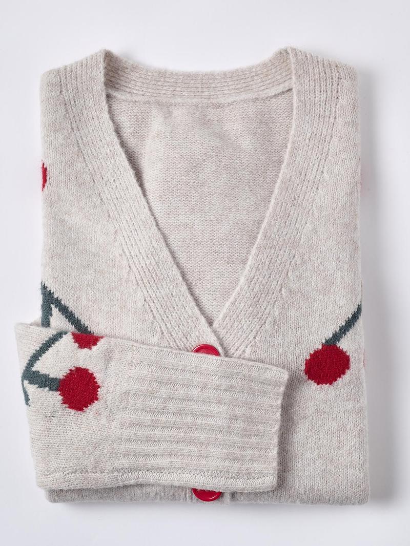Women's Cherry Pattern Button Front Knitting Longsleeves Cardigans, Casual Elegant Long Sleeve Sweater Cardigan for Fall & Winter, Women's Knit Clothing for Daily Wear, Cardigan for Women, Women's Cardigan, Womenswear, Knitwear,Clothe Knitted Outfit Tops