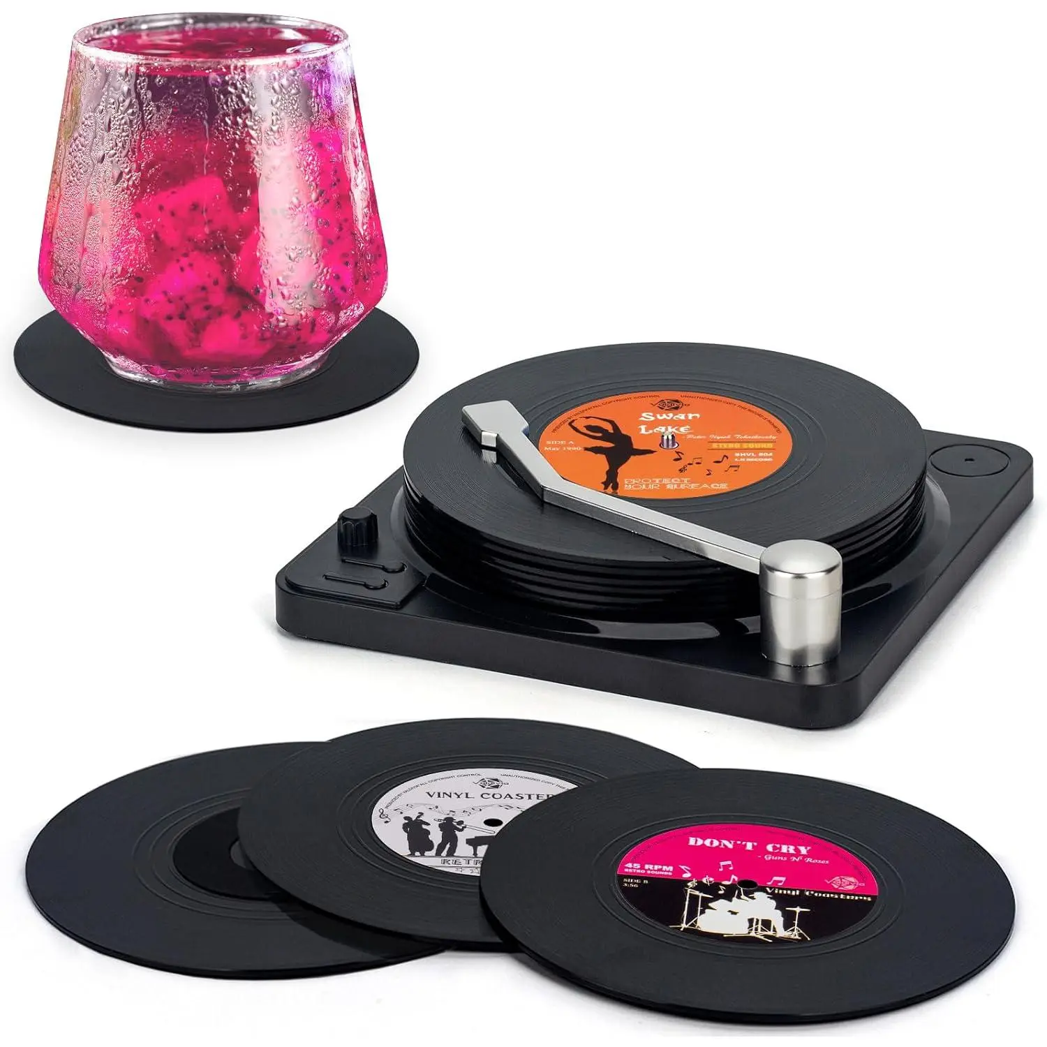 Funny Retro Vinyl Record Coasters with Player, 6 Pcs Music Coasters for Drinks, Bars, Party, Birthday Gifts for Music Lovers, Home Decor Housewarming and White Elephant Gifts Ideas