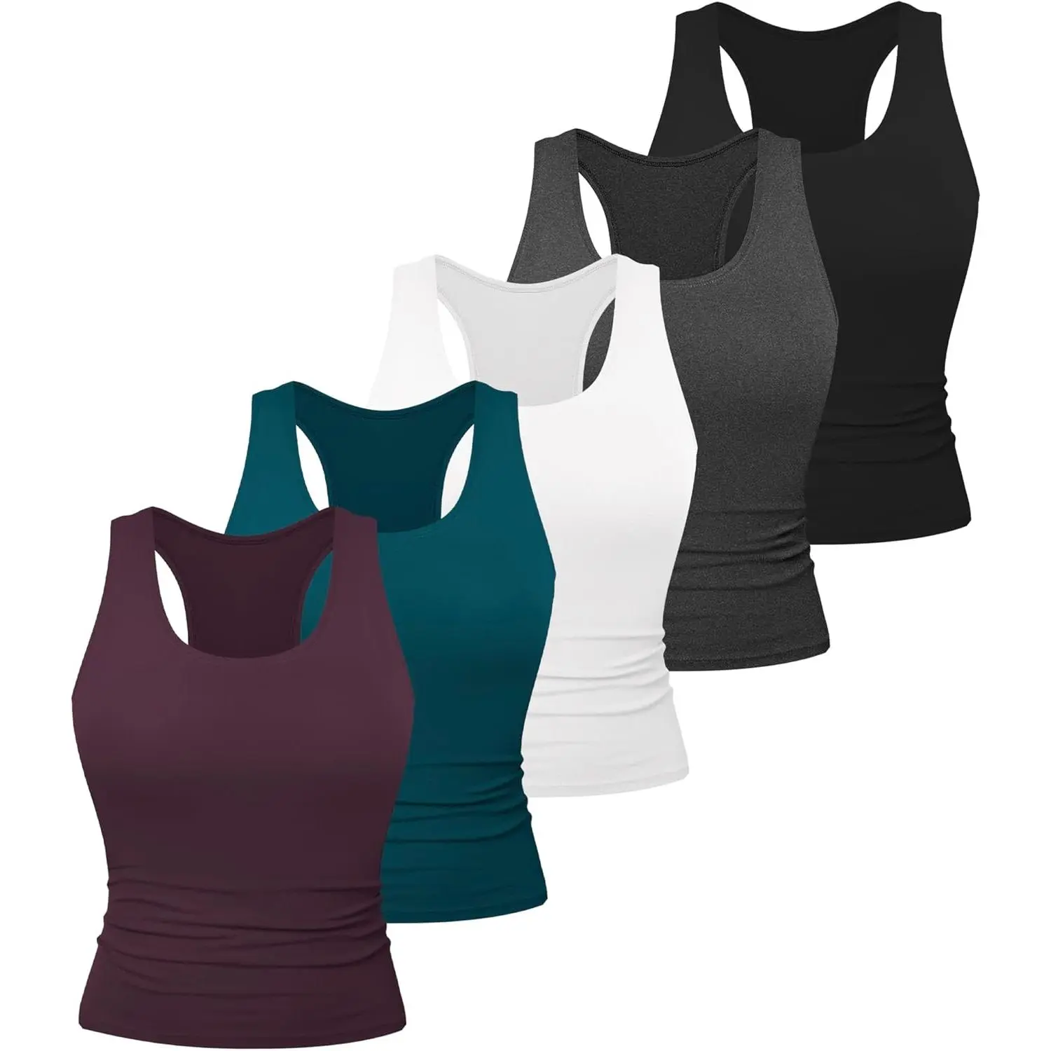 Women's 5-Pack Racerback Polyester Blend Crop Top Activewear, Slim-Fit Moisture-Wick Athletic Women's Tanks & Camis for Yoga/Running, Machine Washable Workout Wear, Sporty Chic