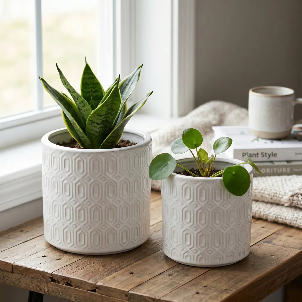 Set of 2 White Ceramic Planters with Geometric Patterns, Modern Decorative Plant Pots with Drainage Holes, Minimalist Indoor Flower Pots for Succulents, Cactus, Herbs, Home Decor, Living Room, Bedroom, Office, Tabletop Garden Accessories