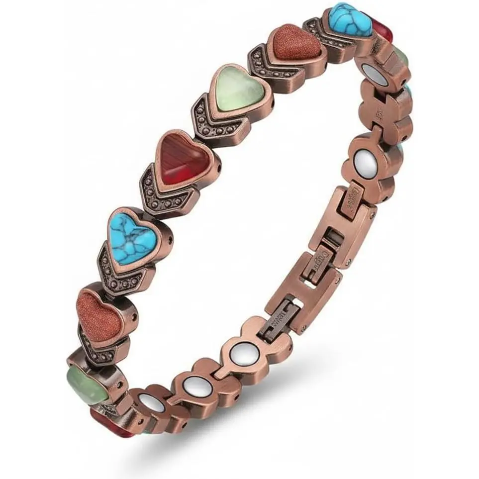 Copper Magnetic Bracelet for Women, Vintage Heart Link Design with Multi-Stone Accents, Lightweight Adjustable Fit for Everyday Use, Heart Form, Unisex Wear, Year-Round, Heart Shape