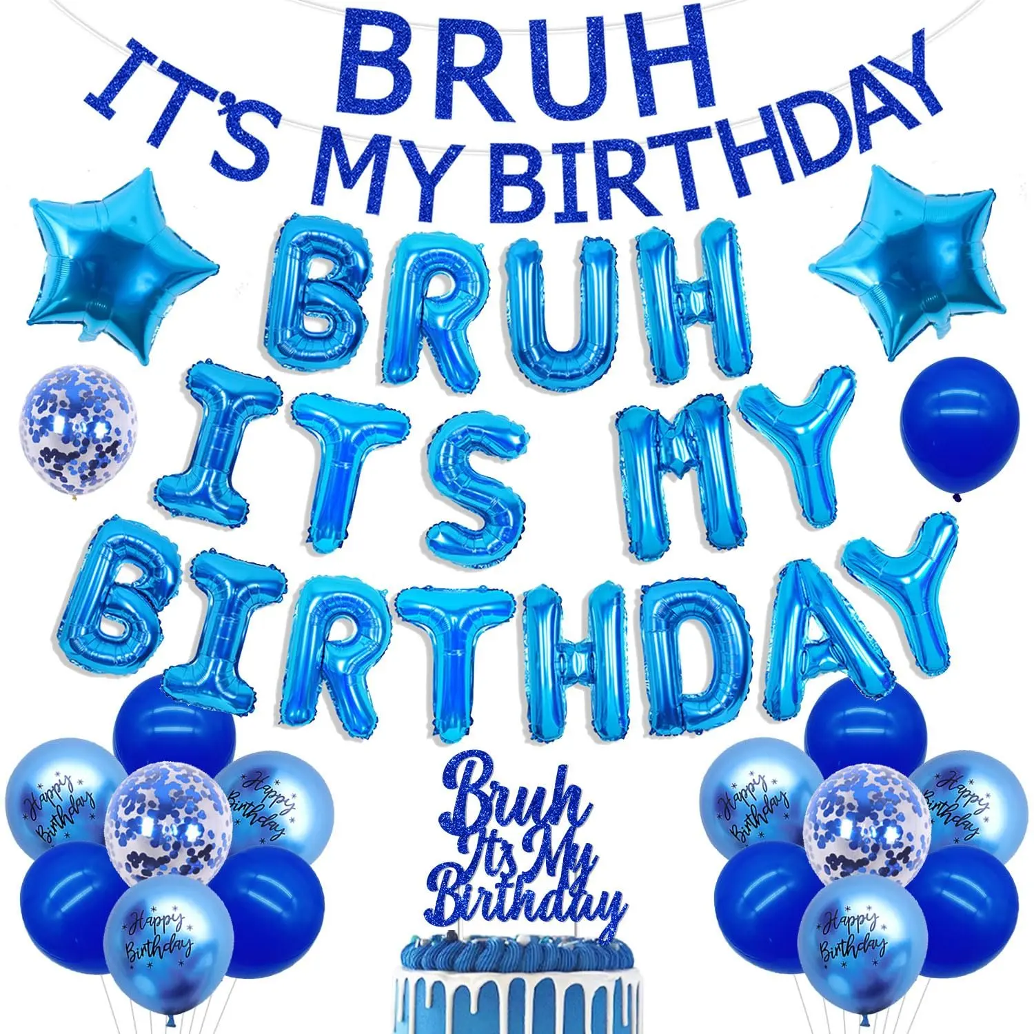 1Set Bruh Its My Birthday Decorations Blue Glitter Banner Cake Topper Bruh Its My Birthday Star Foil Balloon Banner for Preteen and Teen Boy 14th 13th 12th Bday Party Supplies