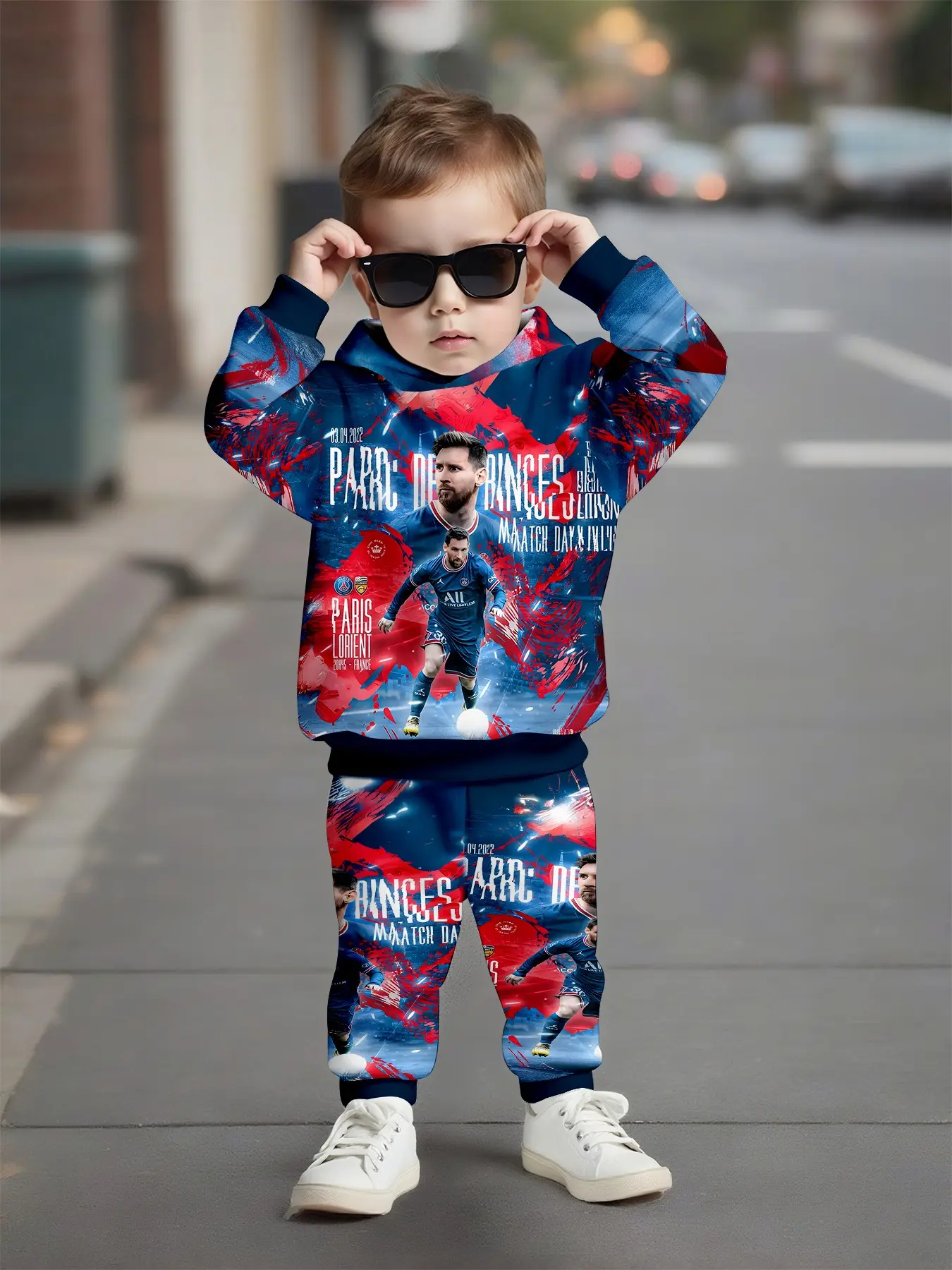 Blue Splatter Print Boys' Hooded Sweatshirt Set, Casual Long Sleeve Sweatpants, Loose-Fit Natural Waist, Fall & Winter Wear