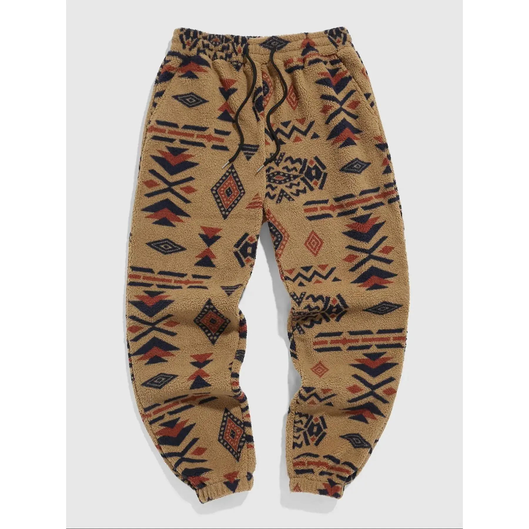 Men's Random Ethnic Pattern Drawstring Waist Thermal Pants, Casual Loose Fit Pocket Design Trousers, Bohemian Street Trousers, Casual Trousers for Fall & Winter, Men's Bottoms for Daily Wear, Streetwear