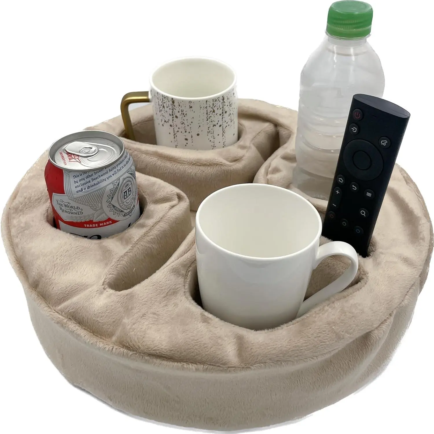 Couch & Bed Cup Holder Pillow, Multifunctional Sofa Organizer Caddy for Drinks Remotes Phones Snacks, Soft Storage Pillow Caddy (Beige)