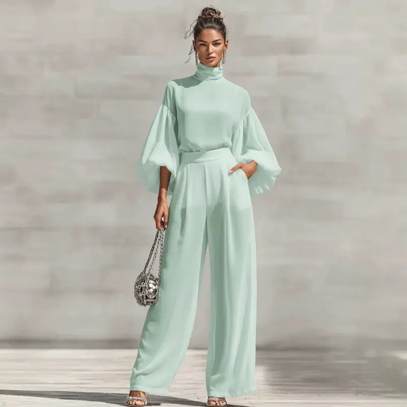 Women's Fashionable Chiffon Suit, Solid Color Stand Collar, Puff Long Sleeves, High Waist Draped Wide Leg Pants Two-Piece Set