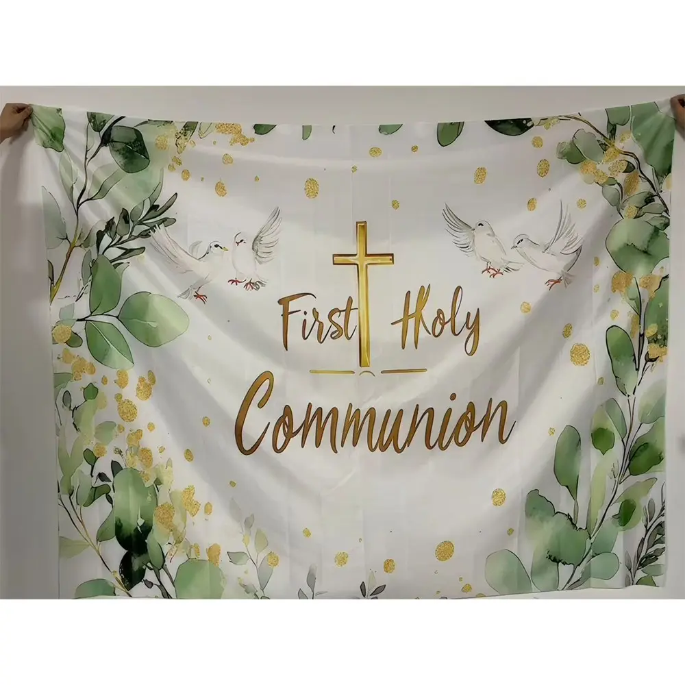 First Holy Communion Background Banner, Decorative Banner, 1 Count Green Plant & Bird Pattern Wall Decor, Wall Hanging Banner for Baptism & Communion Party Decoration, Decorations Supplies