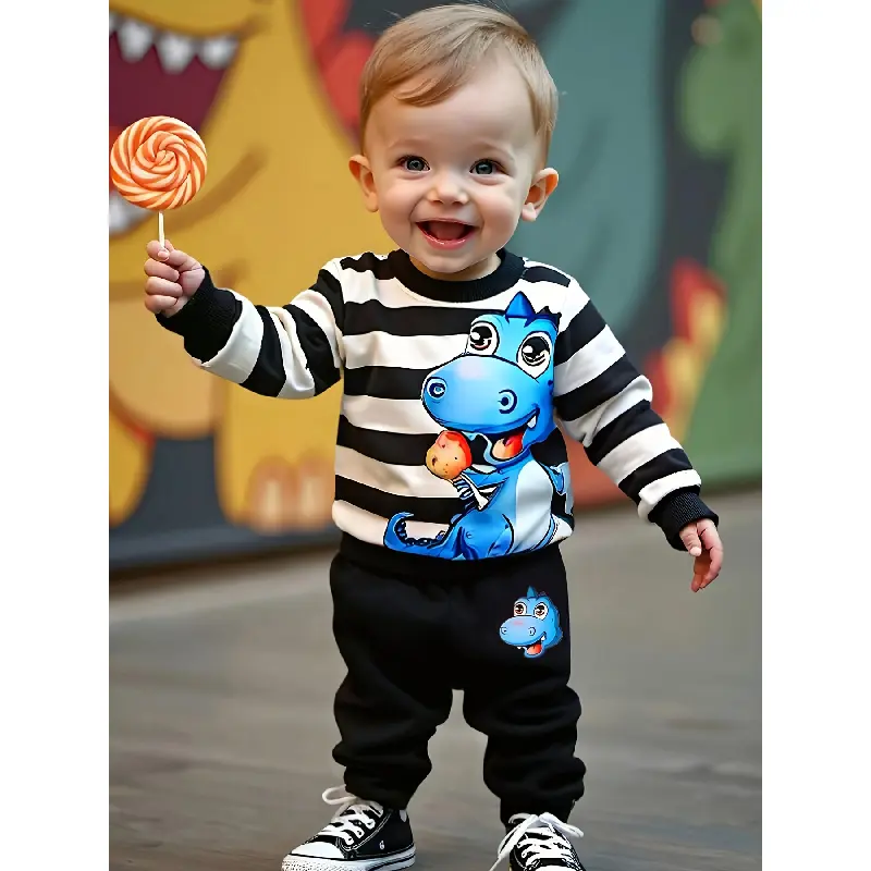 Boys' Autumn/Winter Cute Cartoon Dinosaur Print Striped Hooded Sweatshirt + Black Dinosaur Print Sweatpants 2pcs Set, Perfect for Outdoor
