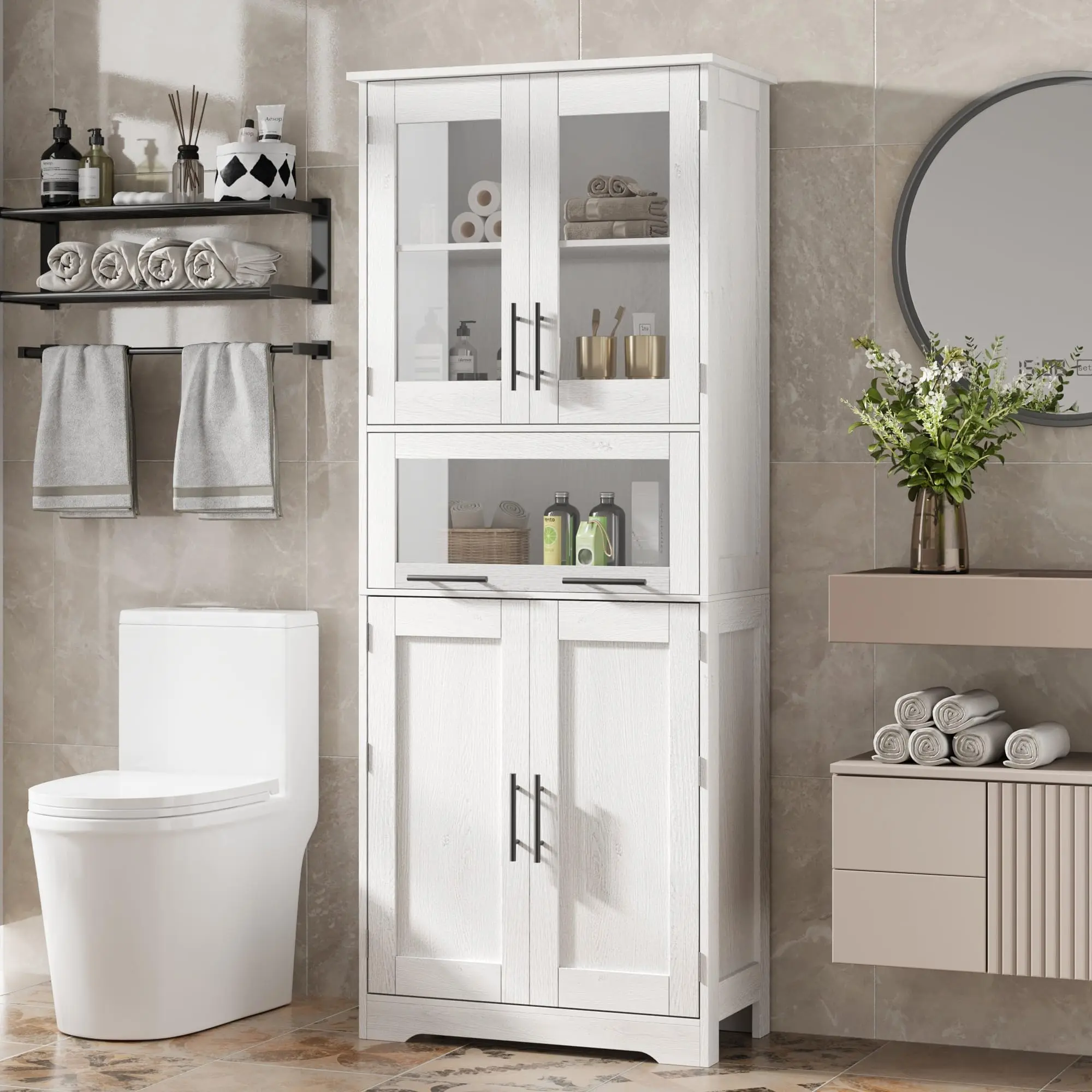 67" Tall Slim Freestanding Entryway Storage Cabinet with Glass Doors, 5 Adjustable Shelves, Drawer, Dampness-Resistant, Space-Saving MDF Organizer for Bathroom, Kitchen, Hallway, Dining & Living Room
