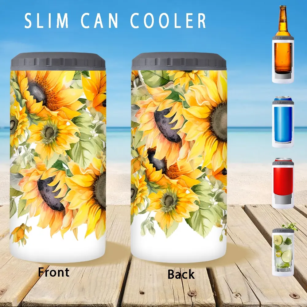1pc/12oz/350ml,Slim Can Cooler,Insulators,Doucle-Walled Stainless Steel Insulated Slim Cans,2-in-1 Insulated Can Cooler Cup,Sunflower Pattern Print Perfect For Family And Friends Gathering,Christmas Gifts,Anniversary Gift,Ideal For Holiday Party Gifts