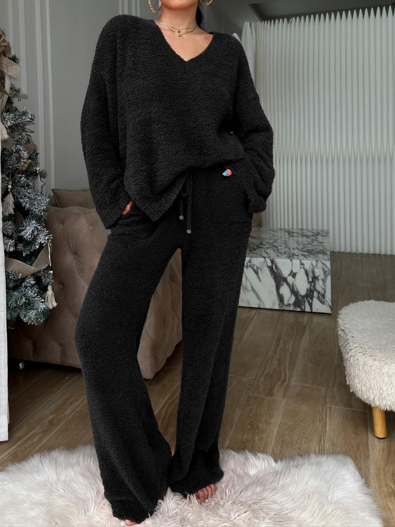 【COZY PAJAMA SET】Women's Solid Split Hem Top & Pocket Pants Plush Pyjama Set, Casual Comfy Long Sleeve V Neck Top & Drawstring Trousers PJ Set, Women's Fluffy Pajamas for Fall & Winter