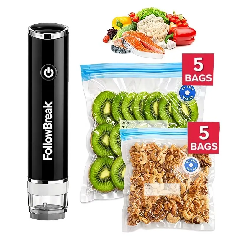 Portable Electric Intelligent Vacuum Sealer, USB Rechargeable Electric Air Pump Vacuum Machine, Comes With 10 Reusable Food Vacuum Bags, Suitable For Vacuum Zipper Food Bags, And Can Be Used For Vacuum Sealing And Preservation Of Various Items.