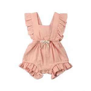 Newborn Baby Girl Summer Romper Front Bow Ruffle Sleeve  Jumpsuit Overall Infant Cotton Clothes 0-24M