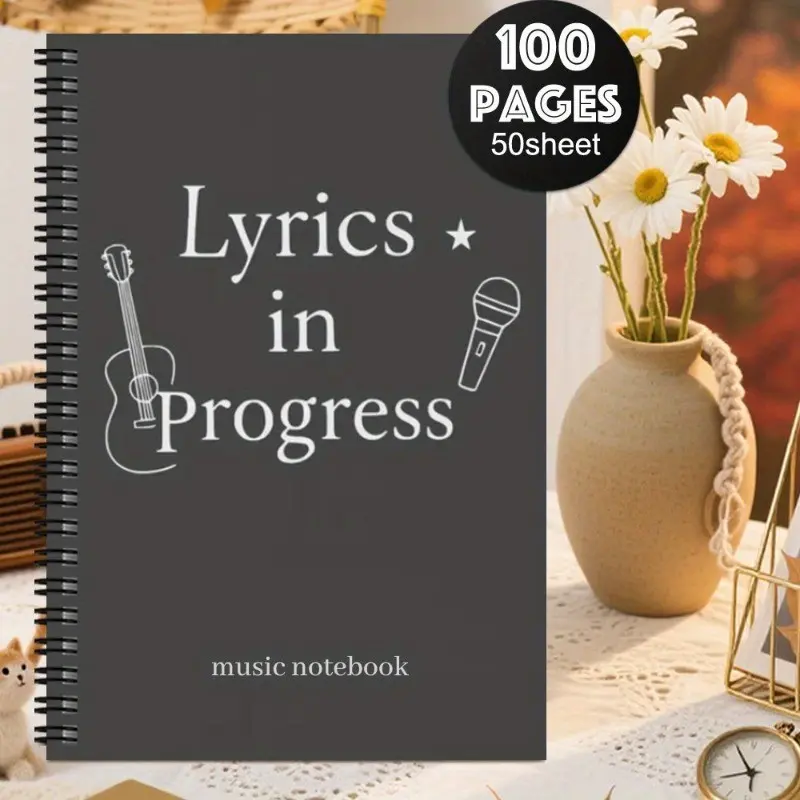 Fun Creative Spiral Notebook - Music Theme Design, Guitar and Microphone Pattern, with Line Pages, Perfect Gift for Composers, Music Producers - Music Lovers